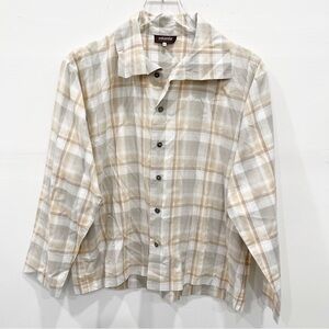 Eskandar Wide Fit Plaid Tan High Neck Button Down Shirt Size 0